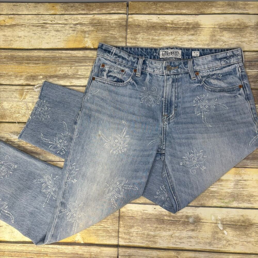 Lucky Brand Sienna Slim Boyfriend Hippie Floral Printed Raw Hem Jeans Women Sz 8